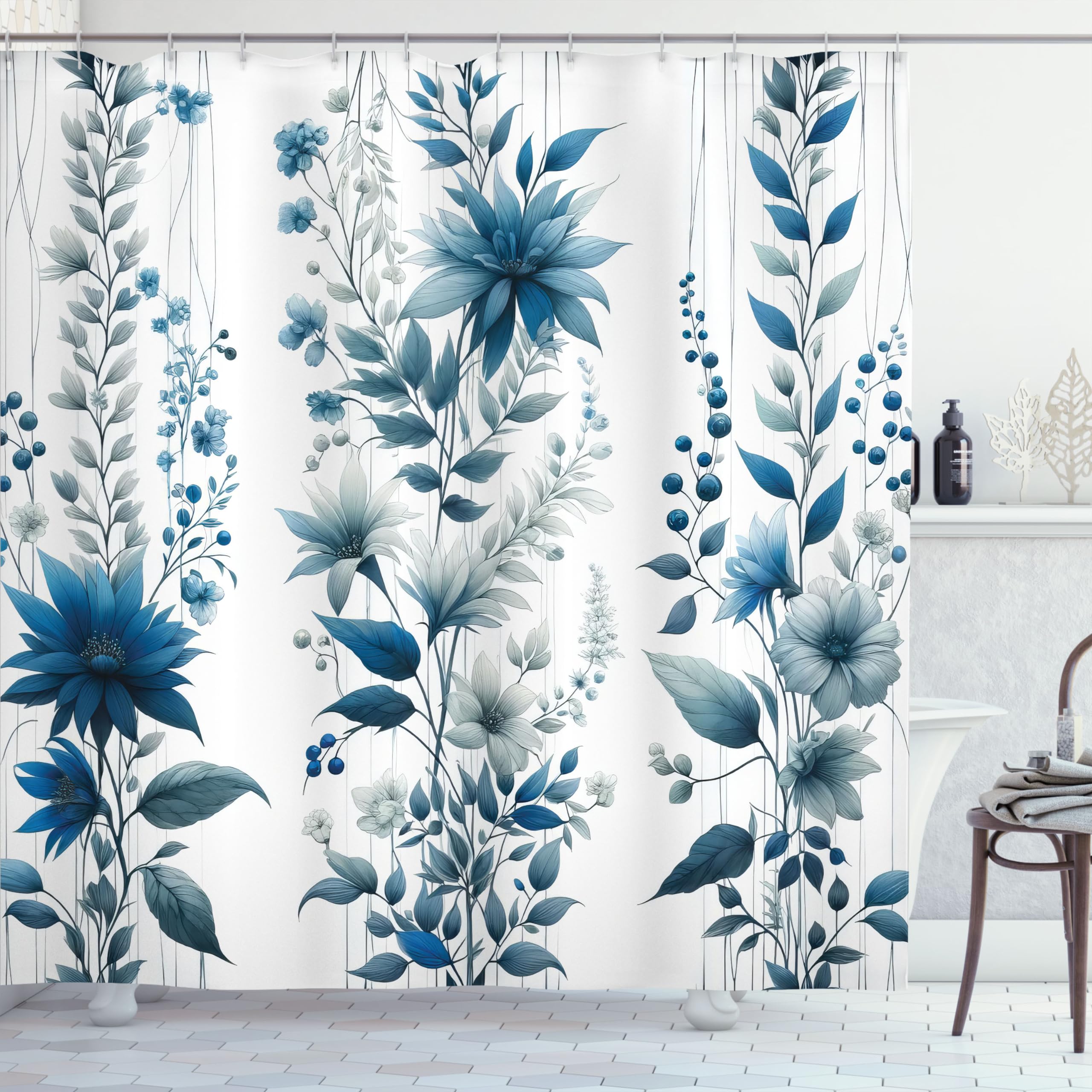 Ambesonne Blue Shower Curtain, Flowers Berry Branches And Leaves As Vertical Lines Cold Colored Garden, Cloth Fabric Bathroom De